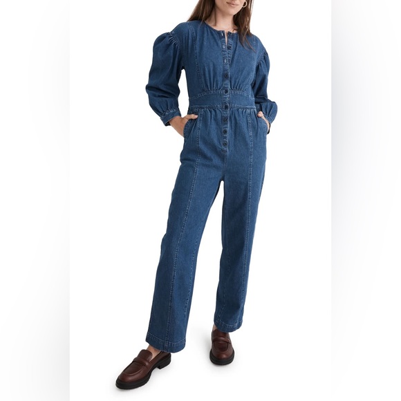 Straight Leg Stretch Denim Jumpsuit - Picture 1 of 4